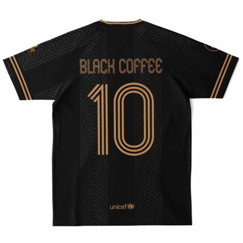 Back of black jersey with gold text and number 10