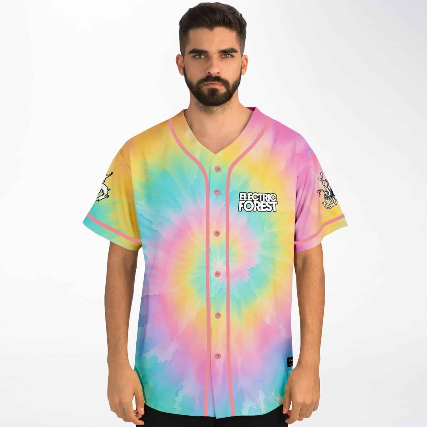 Pastel rainbow spiral tie-dye jersey with pink piping, modeled in a straight-on front view