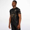 Side view of model in black and gold line art rave soccer jersey