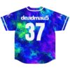 Blue fluid paint swirl back, neon green and purple accents, white number 37, bold lettering