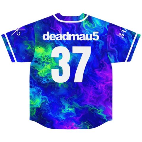 Blue fluid paint swirl back, neon green and purple accents, white number 37, bold lettering