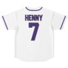 White Henny baseball jersey back view featuring purple number 7 and block lettering