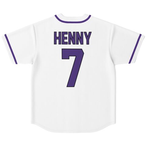 White Henny baseball jersey back view featuring purple number 7 and block lettering