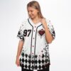 Modeled front view featuring crowned heart artwork, 97, red buttons, roses, and distressed harlequin pattern