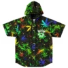 Cosmic cannabis galaxy print front view with cannabis leaves, hood, white buttons, and black trim