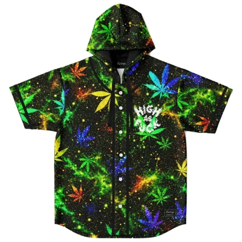 Cosmic cannabis galaxy print front view with cannabis leaves, hood, white buttons, and black trim