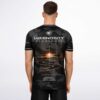 Model from behind showing black camo rave soccer jersey back design with sunset