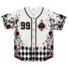 Playing-card jersey front view with 99, crowned spade emblem, roses, and distressed black-white argyle