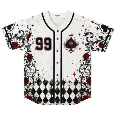 Playing-card jersey front view with 99, crowned spade emblem, roses, and distressed black-white argyle