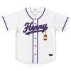 White Henny baseball jersey front view with purple trim, script lettering, and cognac bottle graphic