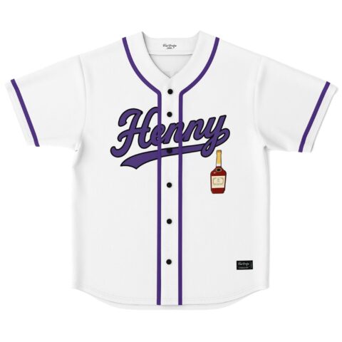 White Henny baseball jersey front view with purple trim, script lettering, and cognac bottle graphic