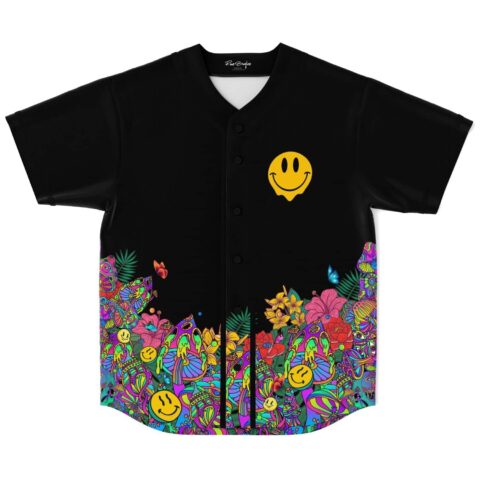 Black psychedelic floral print with smiley patch, flowers, mushrooms, and button closure, front view