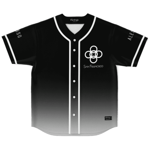 Black-to-gray gradient jersey front features interlocking white rings and “San Francisco” lettering