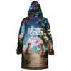 Glowing fantasy forest cloak back view with crystals, floral heart arch, portrait, and white lettering