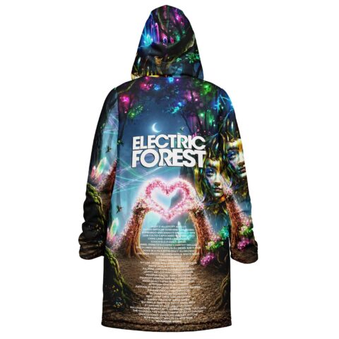 Glowing fantasy forest cloak back view with crystals, floral heart arch, portrait, and white lettering