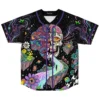 Psychedelic melting cosmic jersey, colorful split-face figure, floating planets and mushrooms in front view