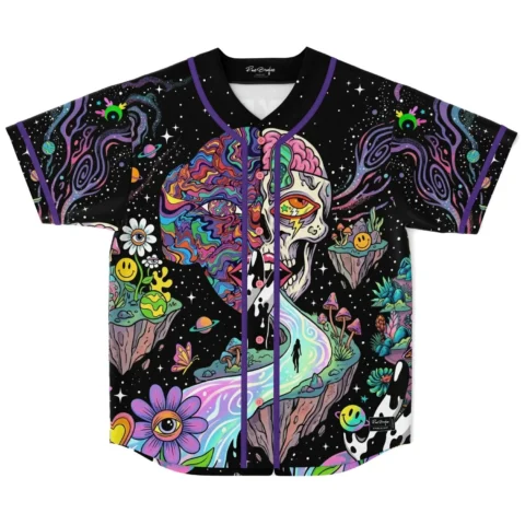 Psychedelic melting cosmic jersey, colorful split-face figure, floating planets and mushrooms in front view