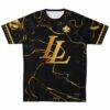 Black rave soccer jersey with gold abstract design and custom initials, front view
