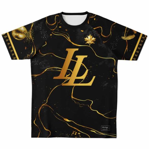 Black soccer jersey with gold abstract design and initials