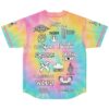 Pastel rainbow spiral tie-dye jersey with stacked festival graphics, back view on white background