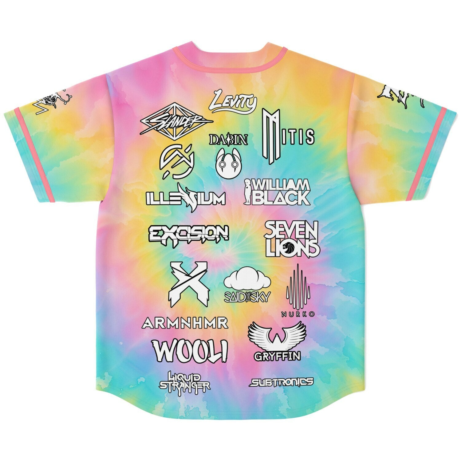 Pastel rainbow spiral tie-dye jersey with stacked festival graphics, back view on white background