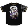 Back view with anime-inspired white-haired action figure, purple frame, red dots, ギア5 text, patterned sleeves