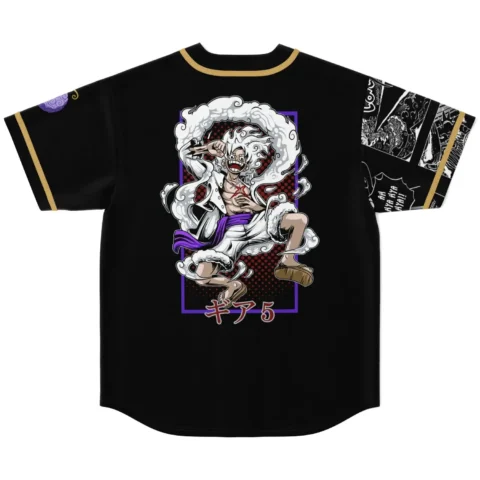 Back view with anime-inspired white-haired action figure, purple frame, red dots, ギア5 text, patterned sleeves