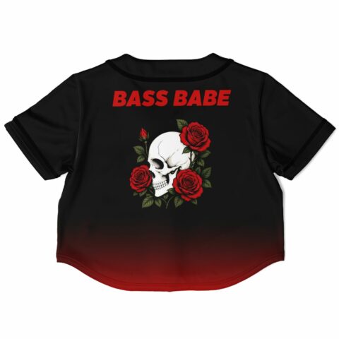 Cropped baseball jersey back with skull, roses, and bass-inspired text