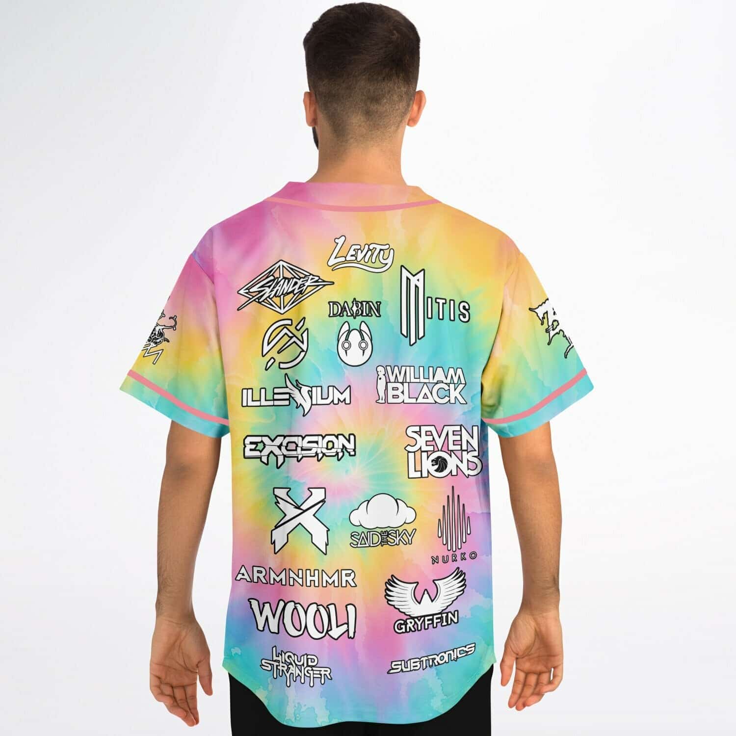 Pastel rainbow spiral tie-dye jersey with stacked performer graphics, modeled in a back view