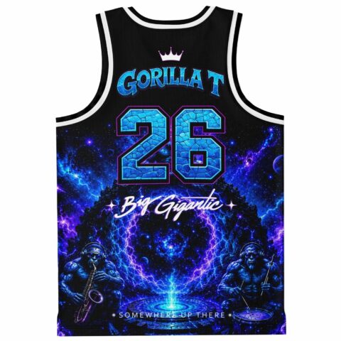 Back view with cosmic gorilla artwork, crown emblem, blue number 26, and “GORILLA T” lettering
