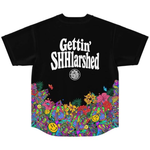 Back view, black psychedelic floral print with smiley faces, mushrooms, and “Gettin’ SHHlarched” lettering