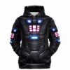 Front view of black mech armor pattern hoodie with glowing blue and pink panel graphics