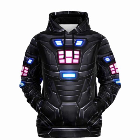 Front view of black mech armor pattern hoodie with glowing blue and pink panel graphics