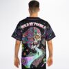 Psychedelic cosmic back, split-face figure, rainbow river and “HOLD MY POODLE” text shown on model