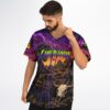 Purple cosmic dinosaur farm print jersey worn by model, featuring neon “LANEY PALOOZA” front text