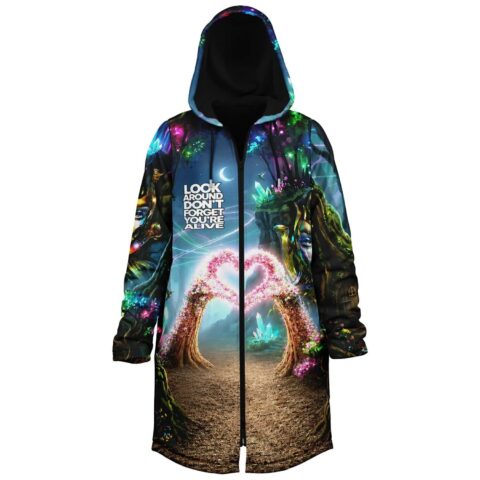 Enchanted glowing forest cloak front view with floral heart arch, crystals, moonlit teal pathway
