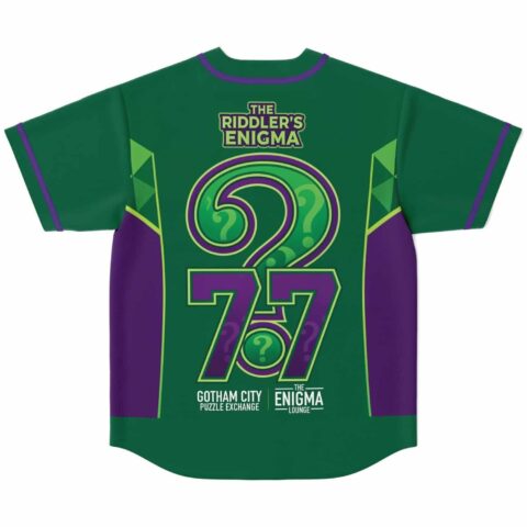Green purple question-mark design with oversized 77, back view flat lay