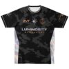 Front view of black camo rave soccer jersey with colorful accent panels