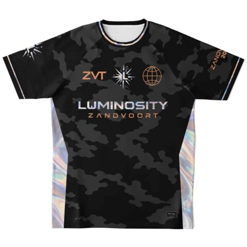 Front view of black camo soccer jersey with colorful accent panels