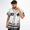 Model wearing playing-card jersey showing 99, crowned spade emblem, red buttons, roses, and black-white argyle