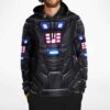 Model front view features black mech armor pattern, luminous blue and pink panel graphics