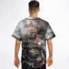 Game-inspired warrior artwork on a model, back view with smoky battlefield and glowing embers