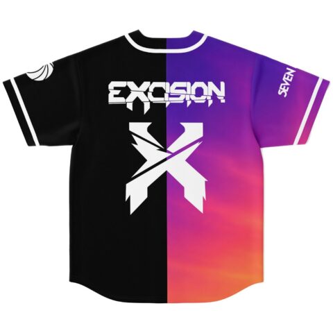 Split-color back with black and purple-pink gradient panels, angular white emblem, and SEVEN sleeve lettering