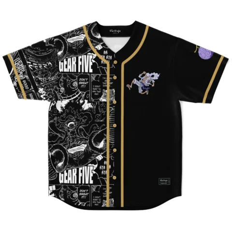 Front view black-and-white manga panel print with GEAR FIVE text, gold trim, cartoon-style figure