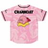 Pink liquid marble jersey back features a cartoon-style pink character riding a yellow star