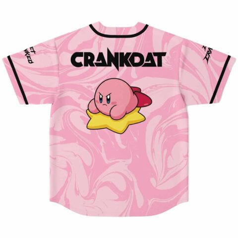 Pink liquid marble jersey back features a cartoon-style pink character riding a yellow star