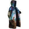 Glowing woodland cloak angled front view with open zipper, floral arch, crystals, and moonlit scenery