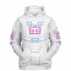 White futuristic mech armor pattern with blue lights and pink chest panels, front view