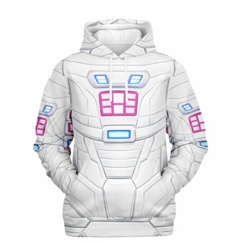 White futuristic mech armor pattern with blue lights and pink chest panels, front view