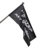 Black dubstep slogan rave flag mounted on a pole, folded angled view of the white DUBSTEP RUINED MY VAGINA text